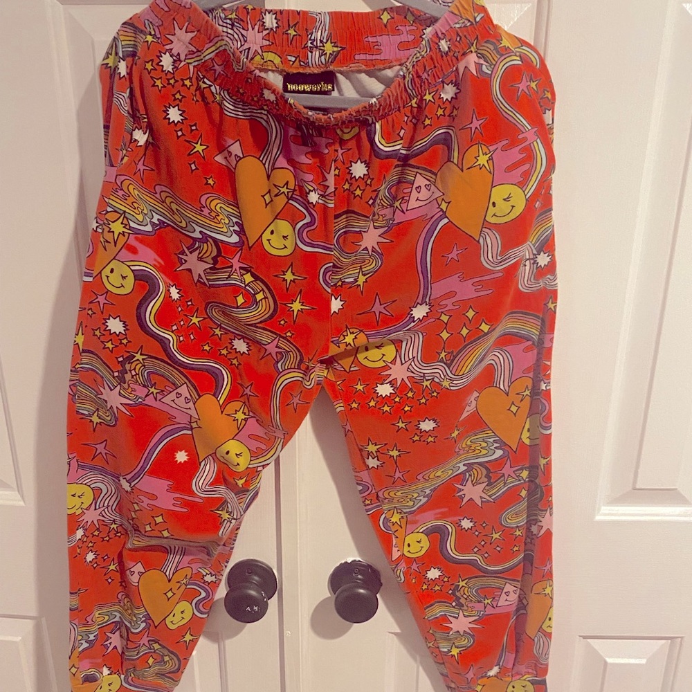 Nooworks red smiley face joggers